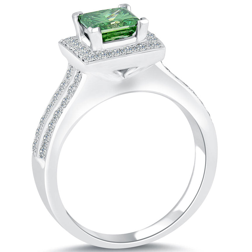 1.71 Carat Fancy Green Princess Cut Diamond Engagement Ring 14k White Gold