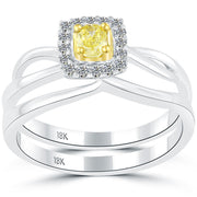 0.39 Carat Fancy Yellow Cushion Cut Diamond Engagement Ring & Wedding Band Set