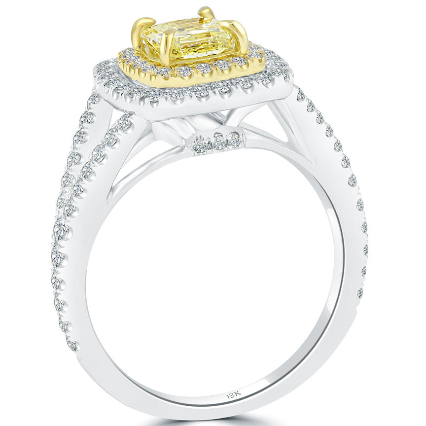 1.41 Carat Fancy Yellow Radiant Cut Diamond Engagement Ring 18k Gold Pave Halo