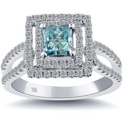 1.56 Carat Fancy Blue Princess Cut Diamond Engagement Ring 18k Gold Pave Halo