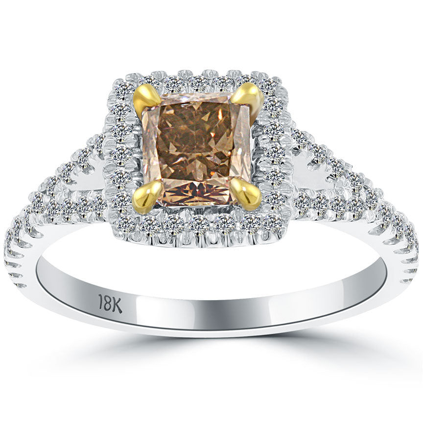 1.45 Carat Fancy Cognac Brown Radiant Cut Diamond Engagement Ring 18k Pave Halo