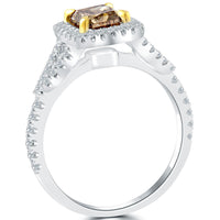 1.45 Carat Fancy Cognac Brown Radiant Cut Diamond Engagement Ring 18k Pave Halo