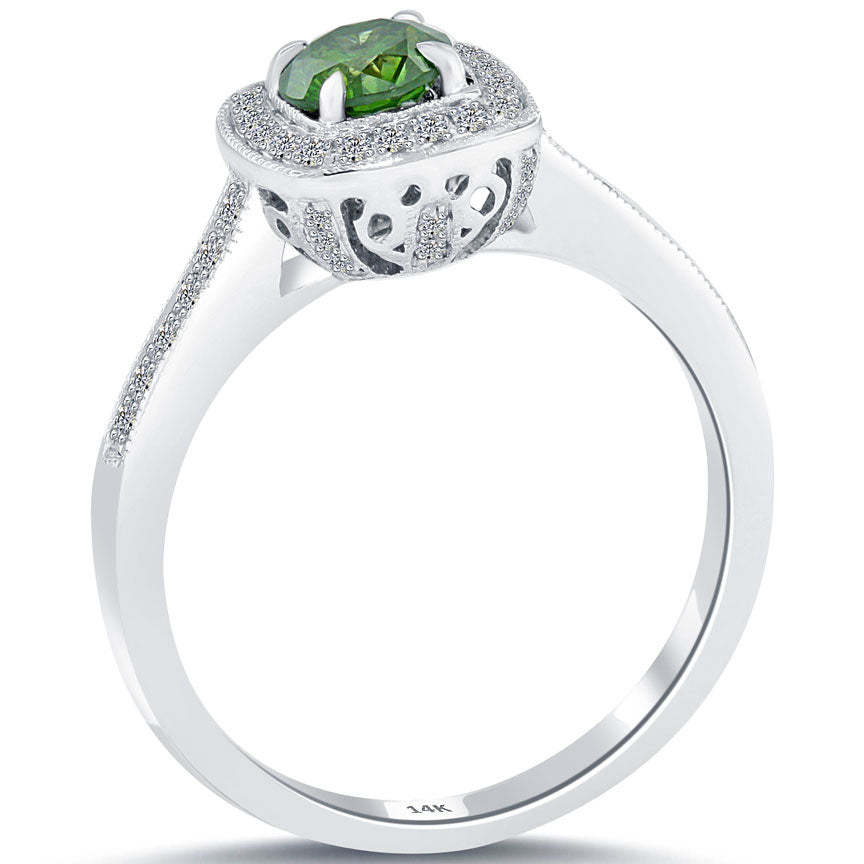 0.63 Carat Fancy Green Diamond Engagement Ring 14k White Gold Pave Halo
