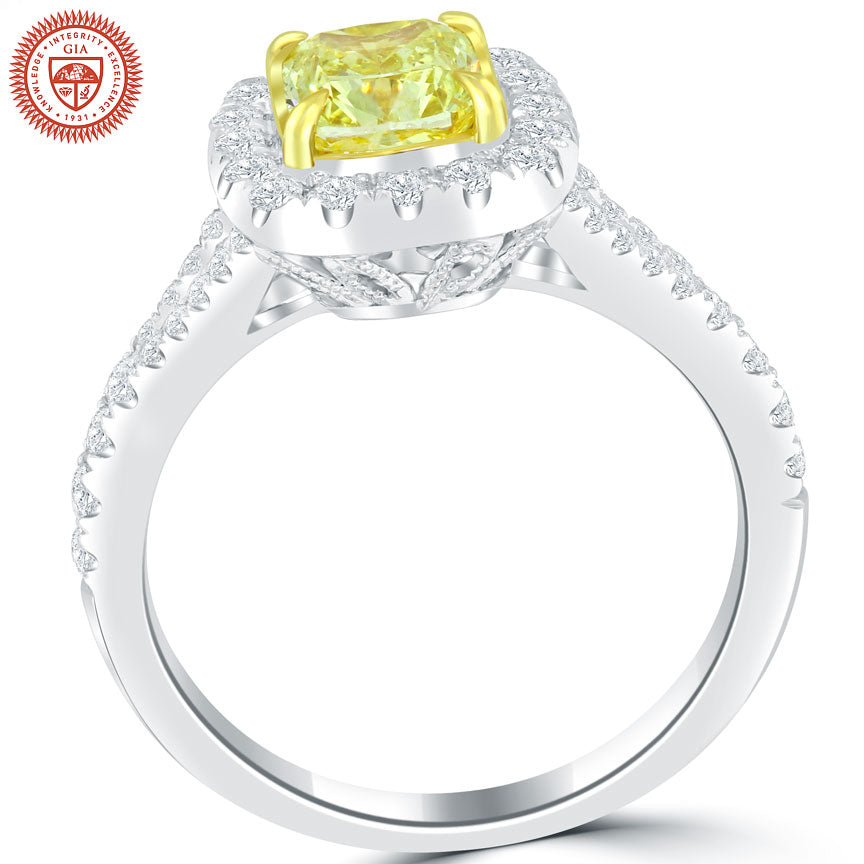 1.62 Ct. GIA Certified Natural Fancy Yellow Cushion Cut Diamond Engagement Ring