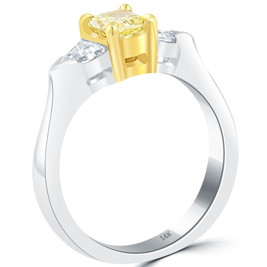 1.50 Carat Cushion Cut Fancy Yellow Three Stone Diamond Engagement Ring 14k Gold