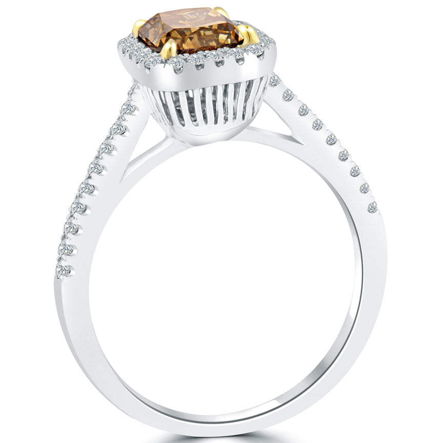 1.38 Carat Fancy Cognac Brown Radiant Cut Diamond Engagement Ring 14k Pave Halo