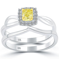 0.46 Carat Fancy Yellow Cushion Cut Diamond Engagement Ring & Wedding Band Set