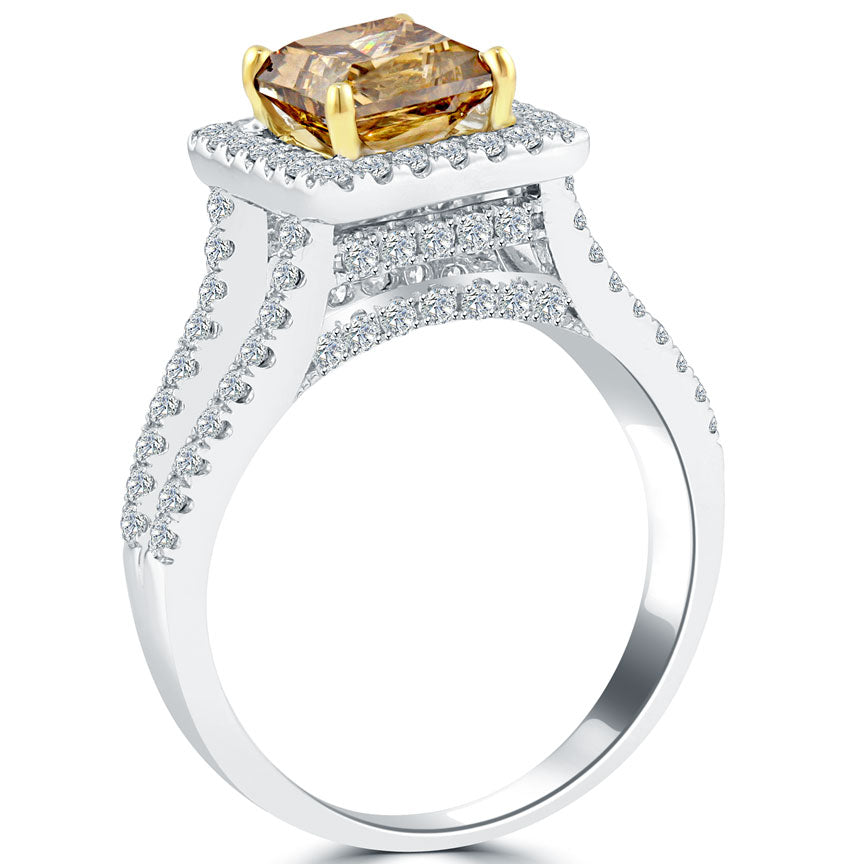 1.93 Carat Fancy Cognac Brown Princess Cut Diamond Engagement Ring 14k Pave Halo