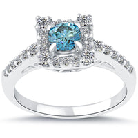 1.03 Carat Fancy Blue Diamond Engagement Ring 14k White Gold Pave Halo