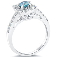 1.03 Carat Fancy Blue Diamond Engagement Ring 14k White Gold Pave Halo