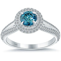 1.52 Carat Fancy Blue Diamond Engagement Ring 14k White Gold Pave Halo