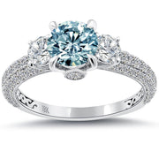2.09 Carat Fancy Blue & White Round Cut Three Stone Diamond Engagement Ring 18k