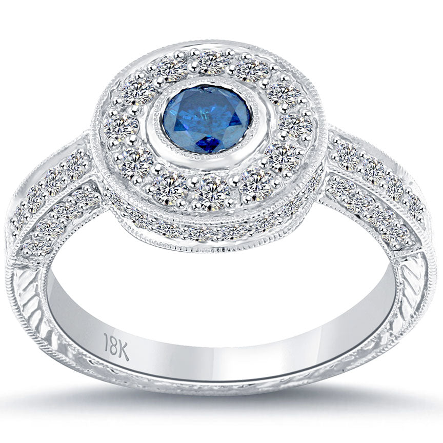 1.07 Carat Fancy Blue Diamond Engagement Ring 18k White Gold Pave Halo