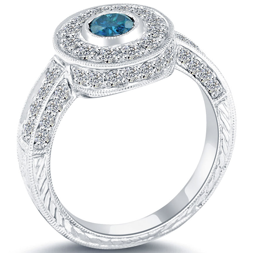 1.07 Carat Fancy Blue Diamond Engagement Ring 18k White Gold Pave Halo