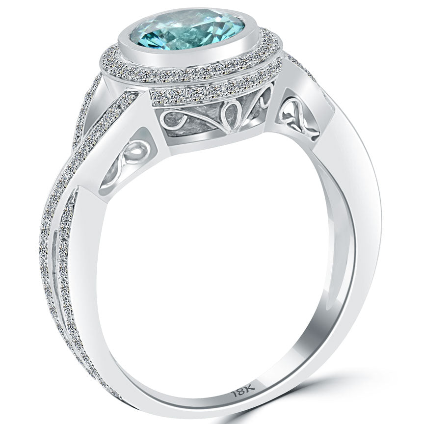 2.19 Carat Fancy Blue Diamond Engagement Ring 18k White Gold Pave Halo