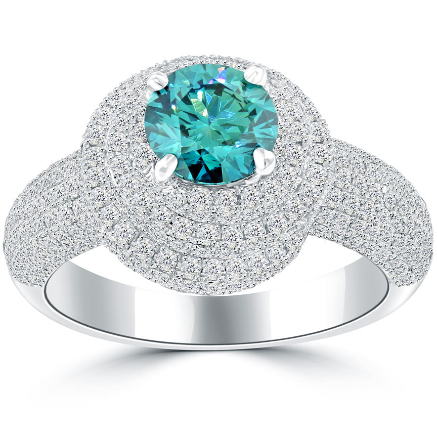 2.86 Carat Fancy Blue Diamond Engagement Ring 14k White Gold Pave Halo