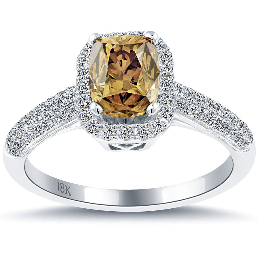 1.86 Carat Fancy Cognac Brown Cushion Cut Diamond Engagement Ring 18k Pave Halo