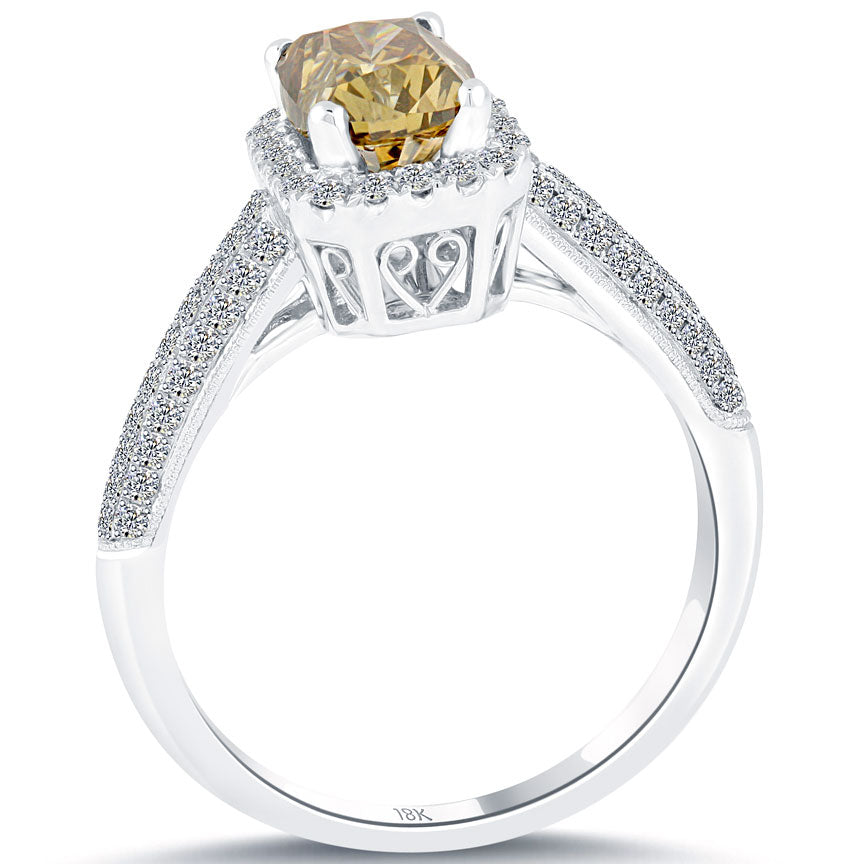 1.86 Carat Fancy Cognac Brown Cushion Cut Diamond Engagement Ring 18k Pave Halo