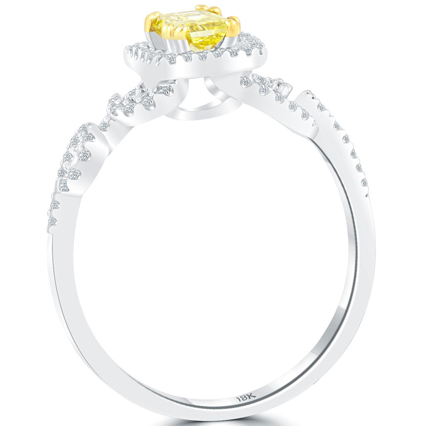 0.86 Carat Fancy Yellow Radiant Cut Diamond Engagement Ring 18k Gold Pave Halo