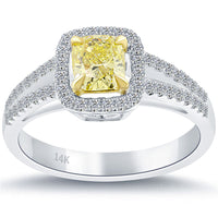0.95 Carat Fancy Yellow Cushion Cut Diamond Engagement Ring 14k Gold Pave Halo