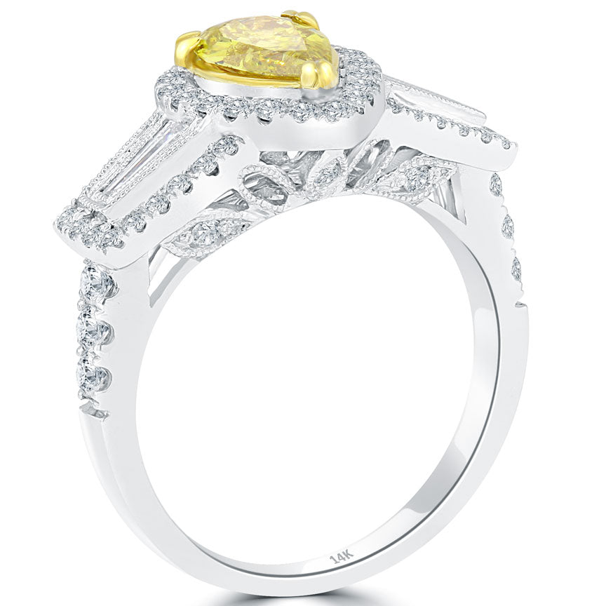 1.84 Carat Fancy Yellow Pear Shape Diamond Engagement Ring 14k Vintage Style