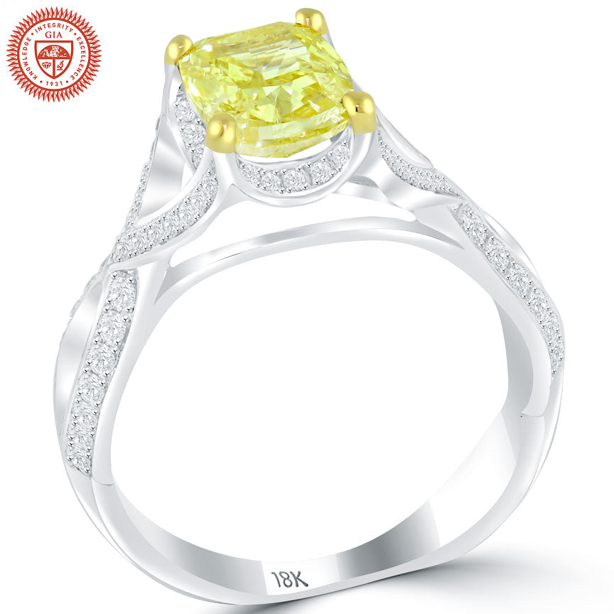 2.02 Carat GIA Certified Fancy Intense Yellow Diamond Engagement Ring 18k Gold