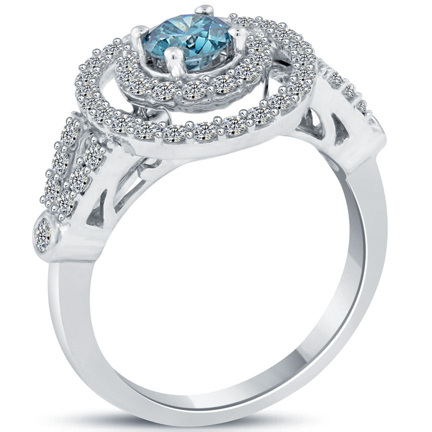 1.66 Carat Fancy Blue Diamond Engagement Ring 14k White Gold Pave Halo Vintage