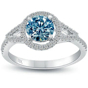 1.38 Carat Fancy Blue Diamond Engagement Ring 18k Gold Pave Halo Vintage Style