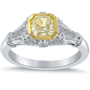 1.54 Carat Fancy Yellow Radiant Cut Diamond Engagement Ring 14k Vintage Style