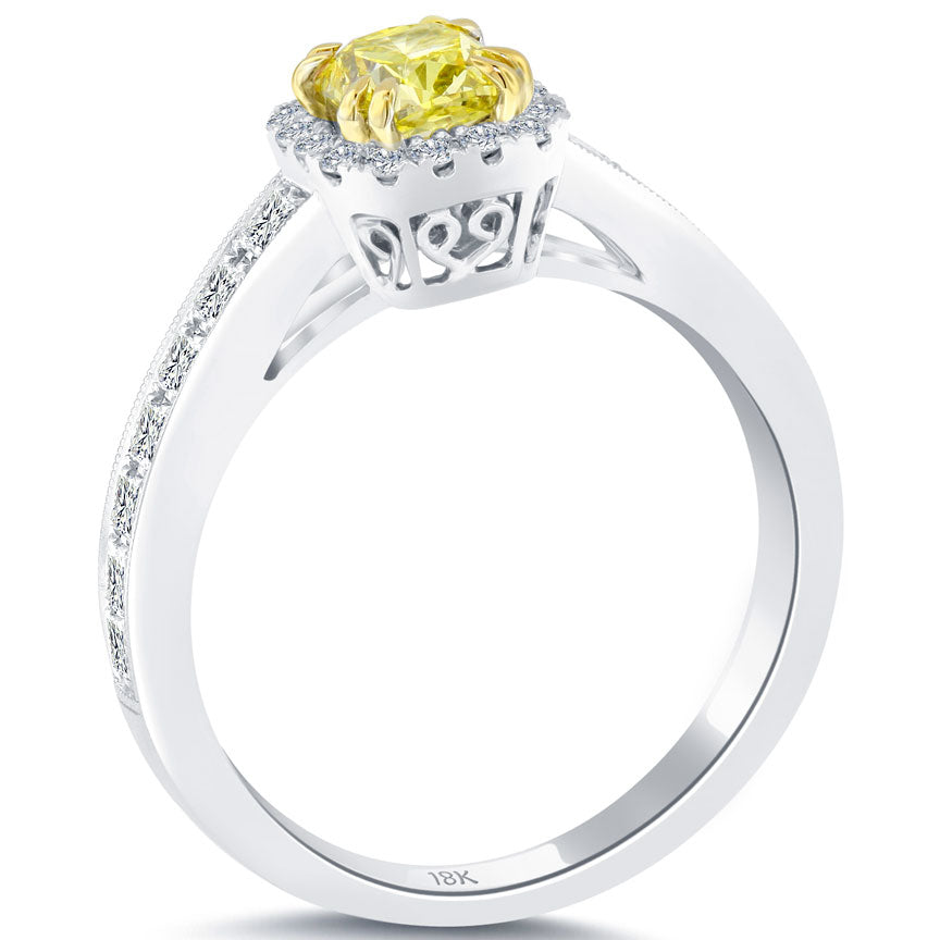 1.12 Carat Fancy Yellow Cushion Cut Diamond Engagement Ring 18k Gold Pave Halo