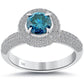 2016 Pave Halo Blue Diamond Ring In White Gold Front Top