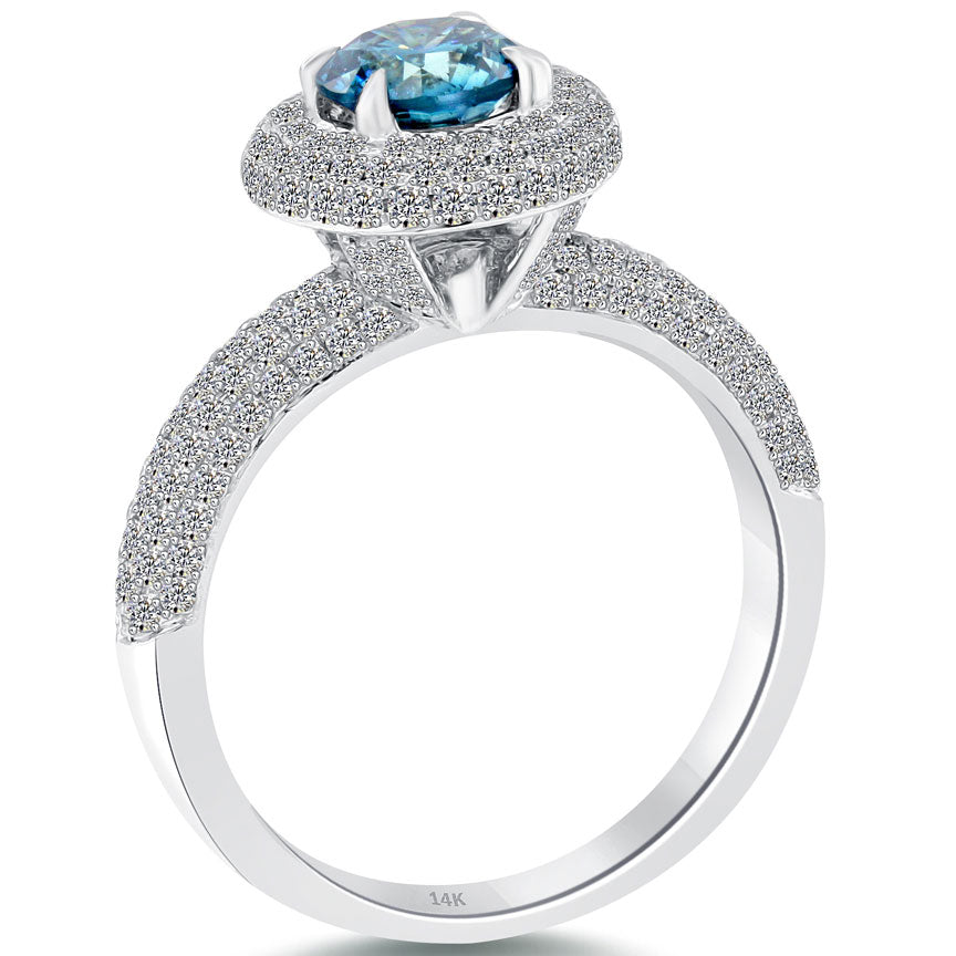 2.27 Carat Fancy Blue Diamond Engagement Ring 14k White Gold Pave Halo