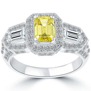 2.44 Carat Fancy Yellow Emerald Cut Diamond Engagement Ring 14k Gold Pave Halo