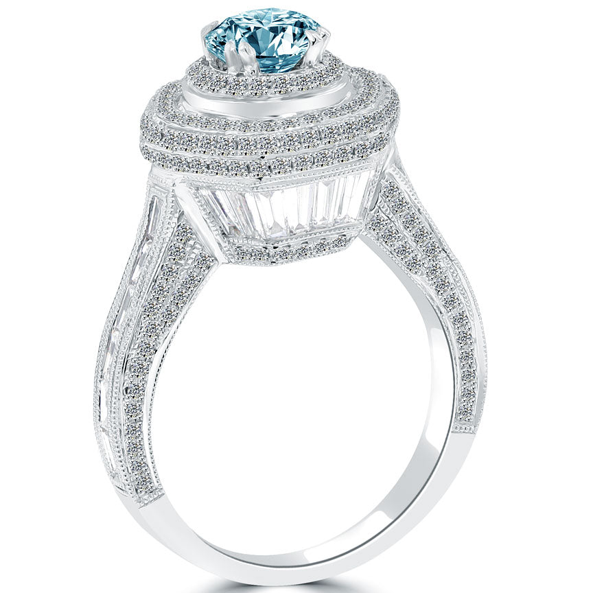3.78 Carat Fancy Blue Diamond Engagement Ring 18k Gold Pave Halo Vintage Style