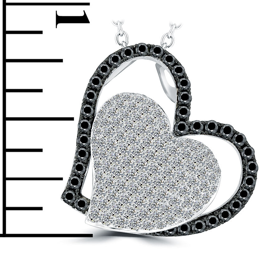2.10 Carat Black & White Diamond Puffed Heart Pendant Necklace in 14k White Gold