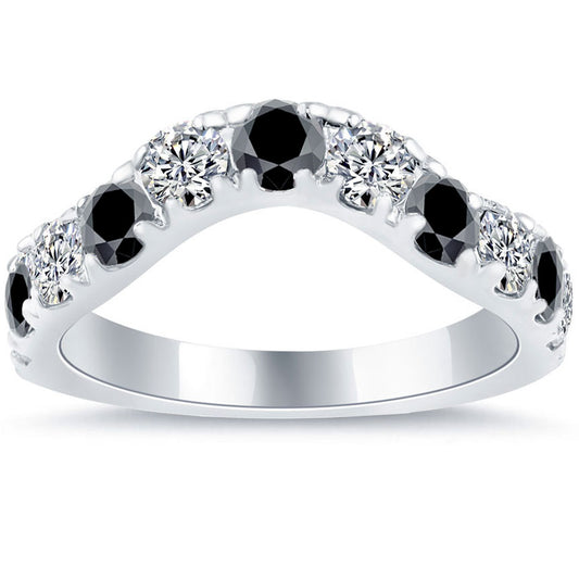 2.20 Carat Curve Matching Black & White Diamond Wedding Band Ring 14k White Gold