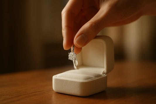 Choosing the best time to buy an engagement ring - a round-brilliant diamond solitaire being placed into a ring box.