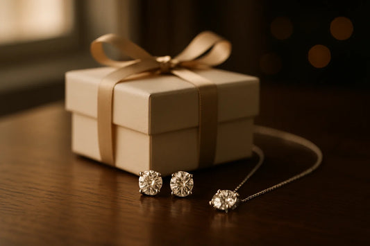 Christmas diamond gifts - round brilliant diamond stud earrings and a solitaire pendant beside a cream gift box.