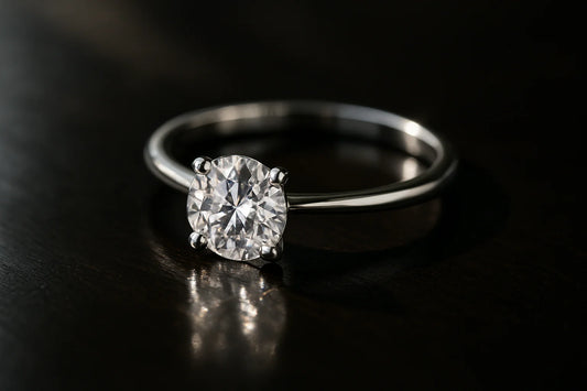 Round-brilliant diamond solitaire engagement ring sparkling under directional light, showing the bright light return of an excellent cut grade