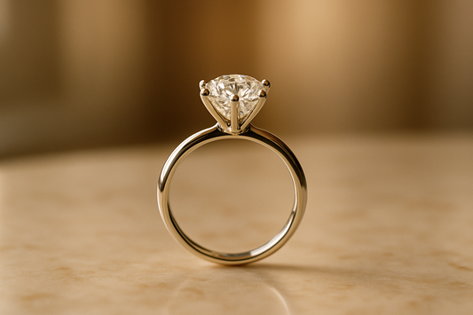 A single round-brilliant diamond solitaire engagement ring in a six-prong setting on a clean slim band, standing on cream marble.