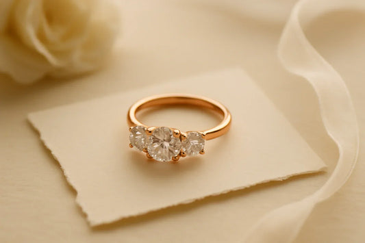 Three stone engagement ring with one round center diamond and two side diamonds on torn cream paper, symbolizing past, present, and future.