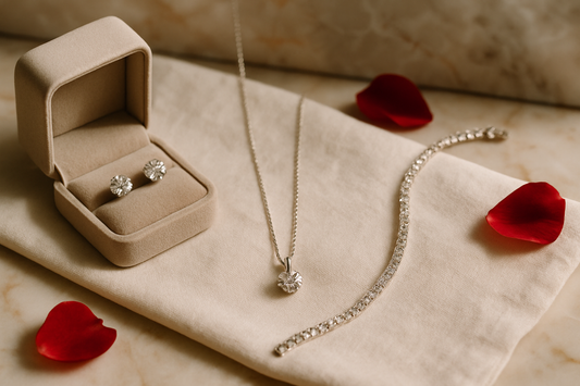 Liori diamond rings, tennis bracelet, and heart-shaped pendant arranged with rose petals on white marble for a Valentine's Day gift display.
