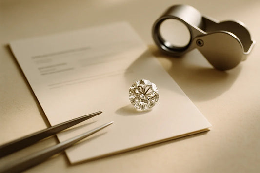 Lab-grown diamond next to its grading report being verified.