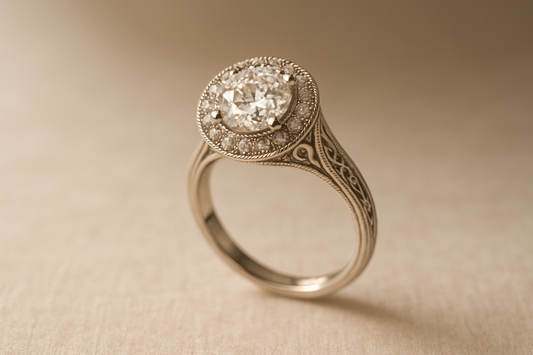 Vintage-style engagement ring in 18k white gold with a beaded-prong milgrain halo and openwork filigree gallery