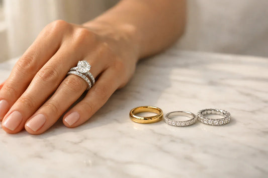 Elegant wedding band paired with a diamond engagement ring on soft fabric — choosing the perfect match