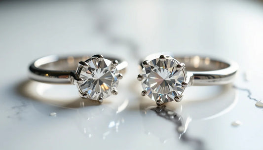 Two solitaire diamond engagement rings side by side on a polished reflective surface — one platinum, one white gold — illustrating how nearly identical the two metals look when new.