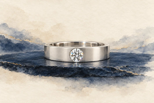 Watercolor of a wide platinum men's band on navy slate, with one round diamond set flush in its front.