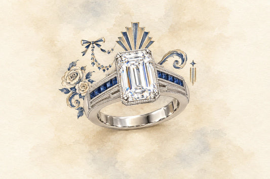 Watercolor of an emerald-cut diamond ring with sapphire shoulders, framed by painted roses, a bow and an art deco fan.
