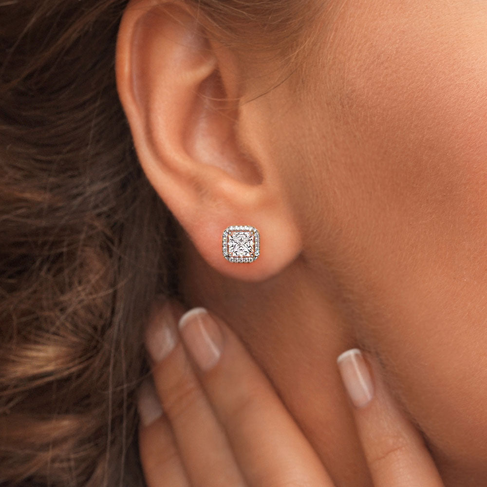 2.67ctw Princess Cut Pave Halo Diamond Studs Earrings 18k White Gold