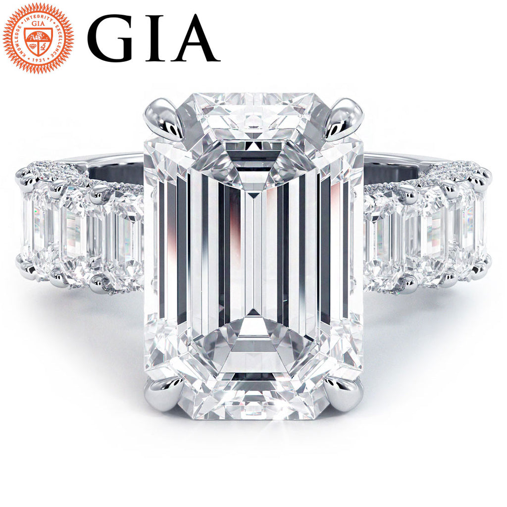 10.73ctw GIA Certified E-VVS2 Emerald Cut Micropavé Lucida Set Lab Grown Diamond Engagement Ring set in 14k White Gold